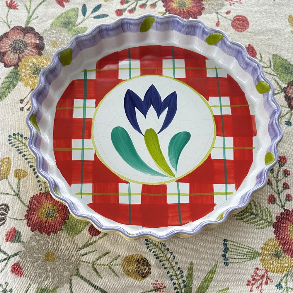 Floral Ceramic Pie Dish with Red and Purple Accents